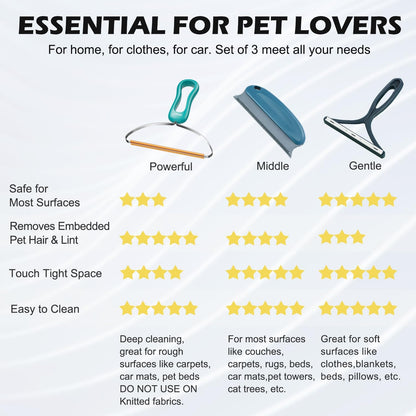 Pet Hair Remover 3-Pack, Dog Cat Hair Remover, Lint Shaver Cleaner Pro, Fur Removal Tool, Portable Carpet Scraper, Fuzz Rollers Hairball Brush for Carpets, Clothes, Car Mats, Couch, Pet Bed, Furniture