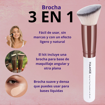 Set de 2 Brochas Kabuki Profesionales – Plana y Angulada para Base, Polvo y Contorno