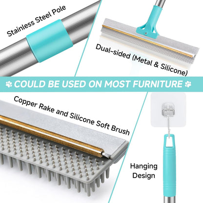 Carpet Rake for Pet Hair Removal Tool, Reusable Pet Hair Remover Broom, Dog&Cat Hair Remover Scraper Rake with 54” Adjustable Long Handle, 3 Pcs Carpet Brush Rake for Rugs, Mats, Couch, Furniture